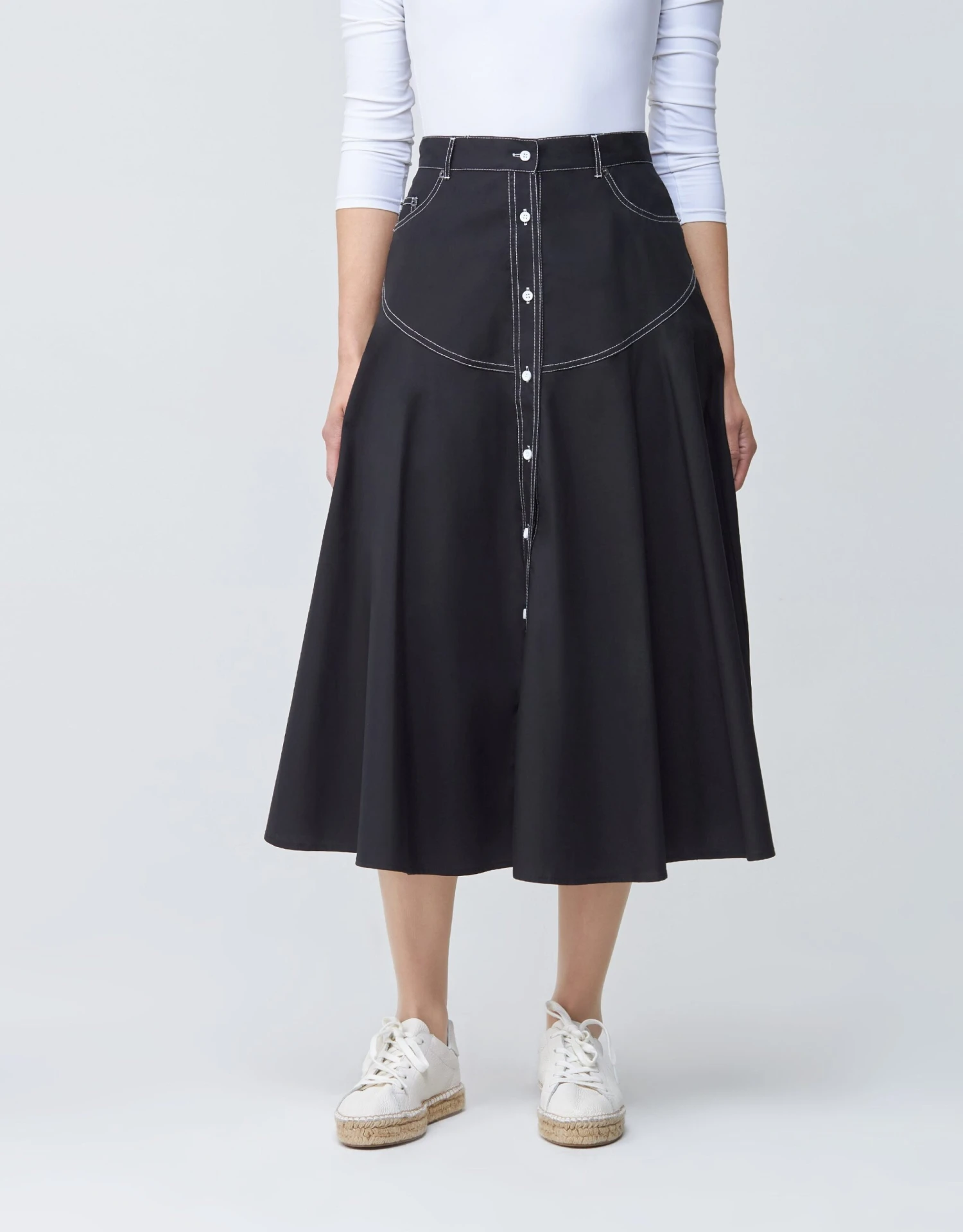 32" Contrast Stitched Poplin Western Button Skirt Black 1 32" Contrast Stitched Poplin Western Button Skirt Black