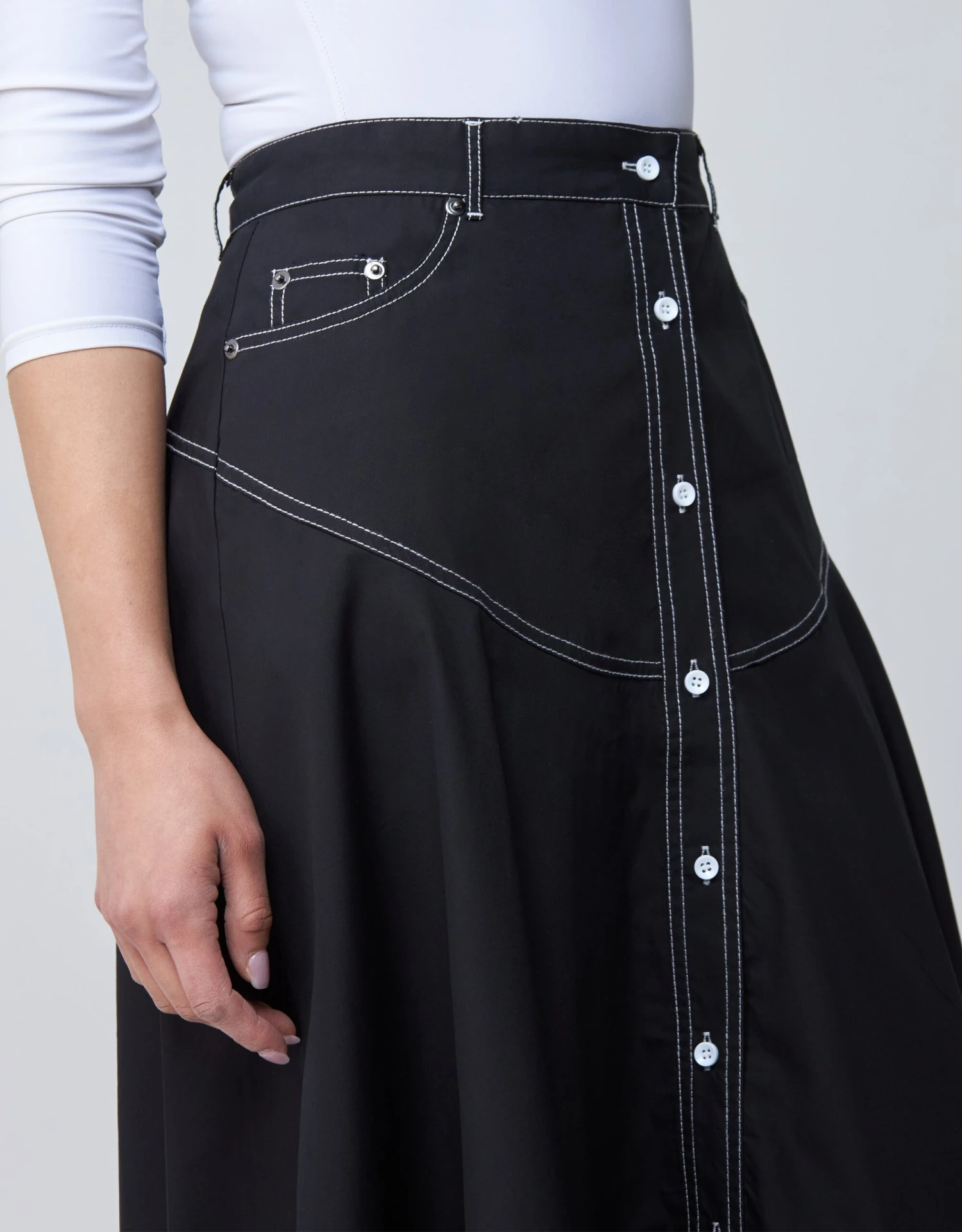 32" Contrast Stitched Poplin Western Button Skirt Black 2 32" Contrast Stitched Poplin Western Button Skirt Black - Image 2
