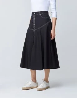32" Contrast Stitched Poplin Western Button Skirt Black 5 32" Contrast Stitched Poplin Western Button Skirt Black -Fashionable Home Wear D8325H Western.BlackWhite3