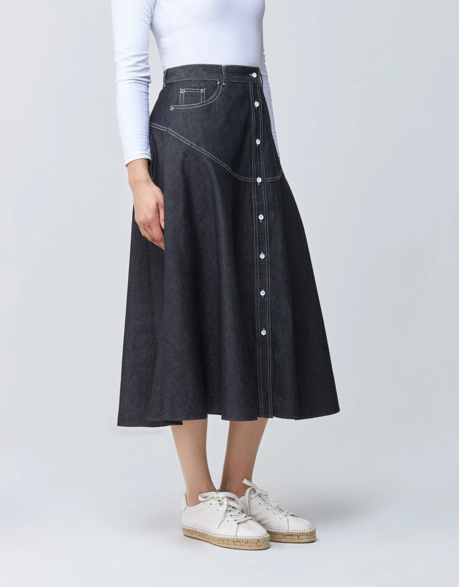 32" Contrast Stitched Denim Western Button Skirt Black 2 32" Contrast Stitched Denim Western Button Skirt Black - Image 2
