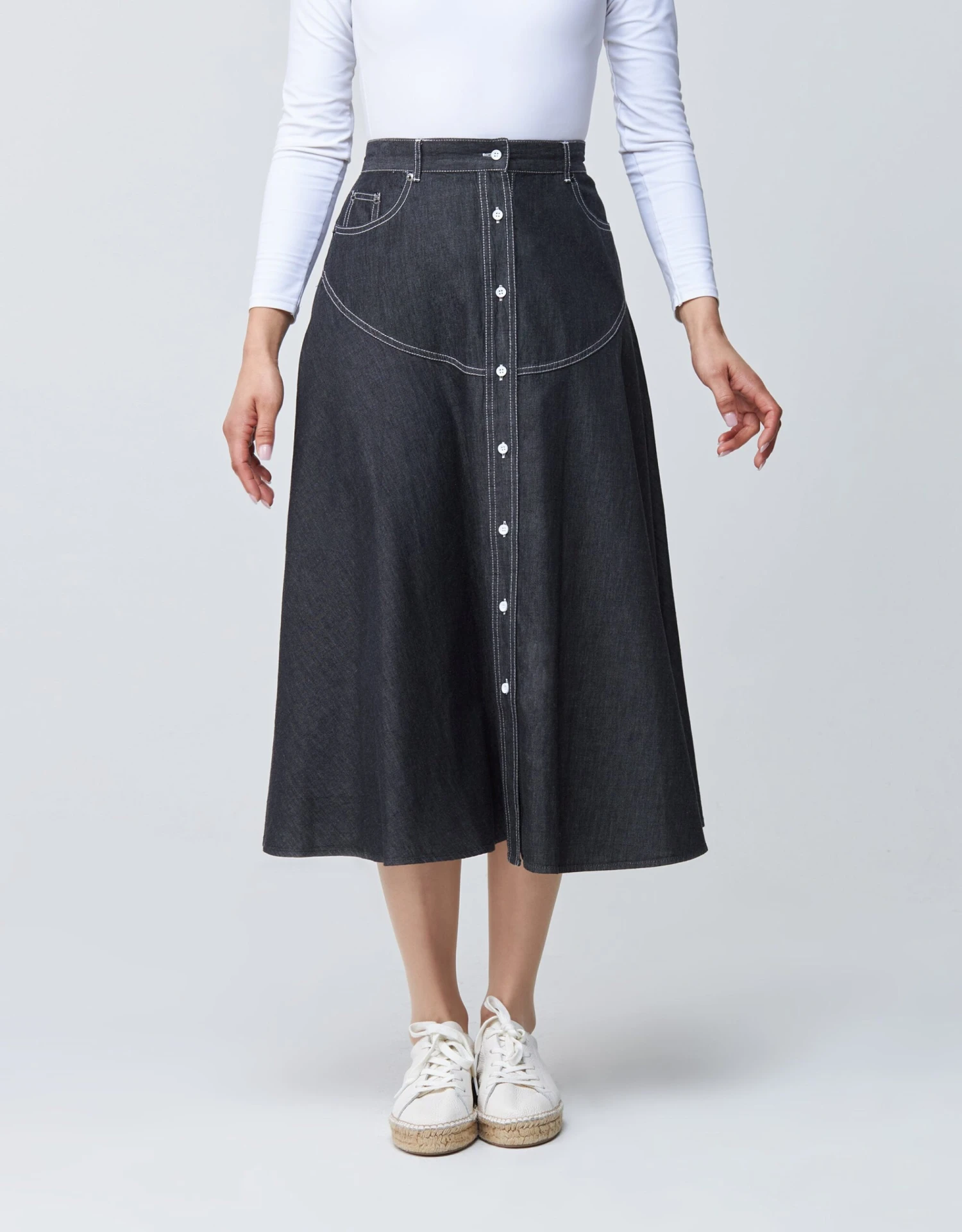 32" Contrast Stitched Denim Western Button Skirt Black 1 32" Contrast Stitched Denim Western Button Skirt Black