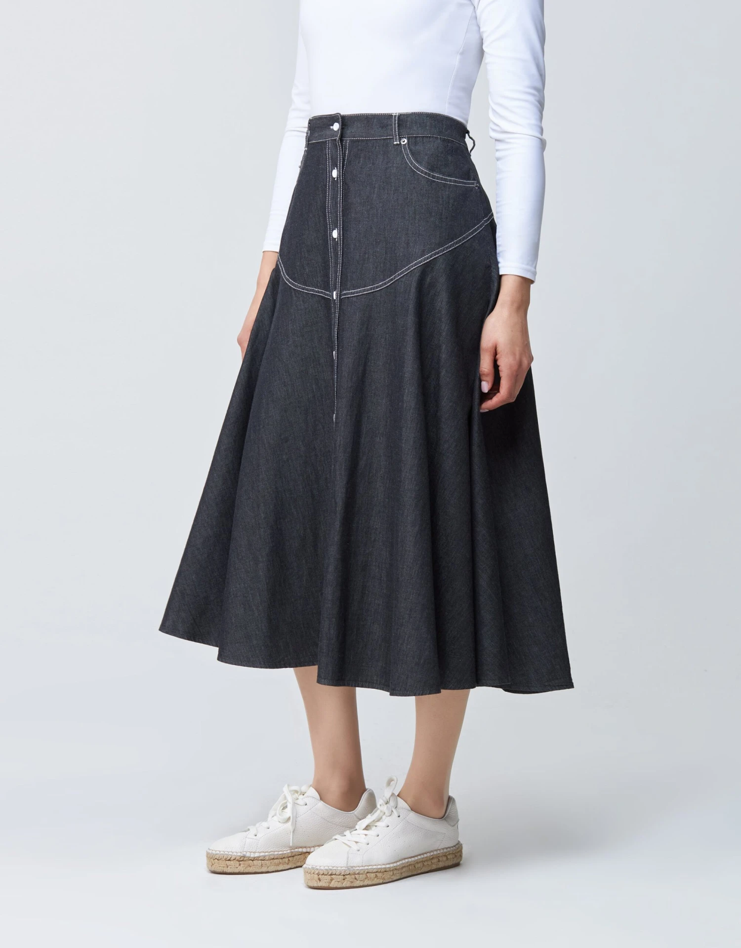 32" Contrast Stitched Denim Western Button Skirt Black 3 32" Contrast Stitched Denim Western Button Skirt Black - Image 3