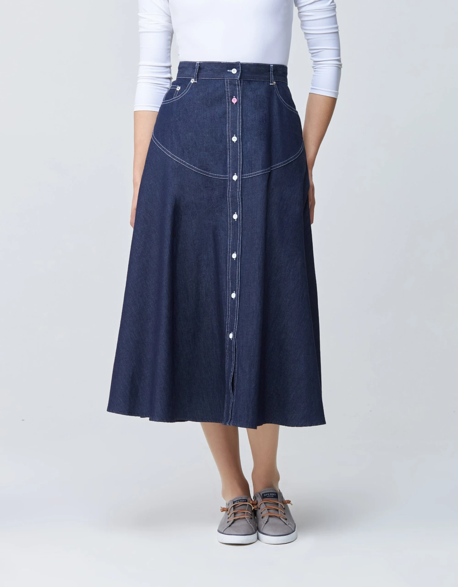 32" Contrast Stitched Denim Western Button Skirt Blue 1 32" Contrast Stitched Denim Western Button Skirt Blue