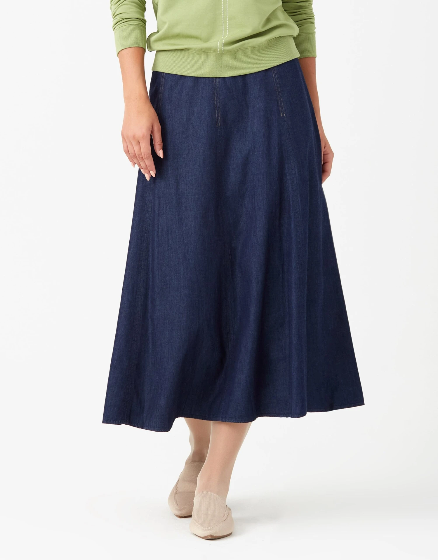 34" Aline Skirt With Contrast Stitching And Midriff Waistband Navy Denim 1 34" Aline Skirt With Contrast Stitching And Midriff Waistband Navy Denim