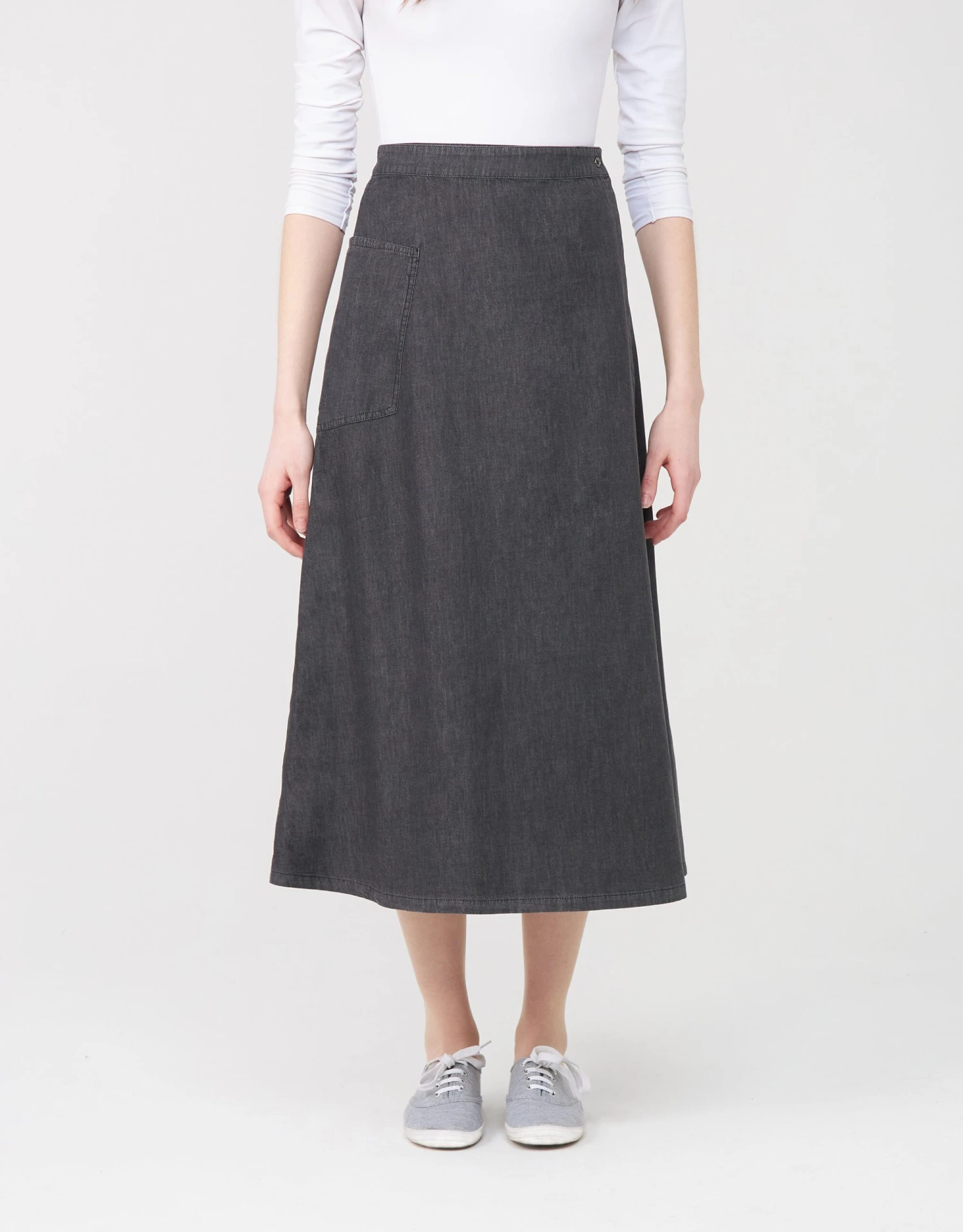34" Mock Wrap Skirt With Patch Pocket Black Wash 1 34" Mock Wrap Skirt With Patch Pocket Black Wash