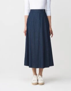 34" Mock Wrap Skirt With Patch Pocket Navy Denim