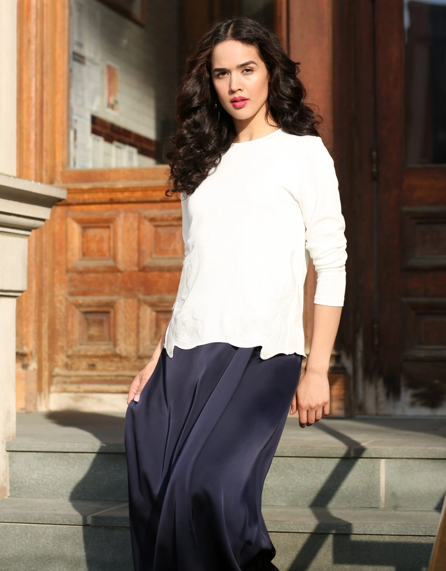 33"-40" Mock Wrap Satin Skirt Navy Blue 2 33"-40" Mock Wrap Satin Skirt Navy Blue - Image 2