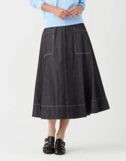 33" Lined Aline Contrast Stitched Patch Pocket Skirt Black Denim