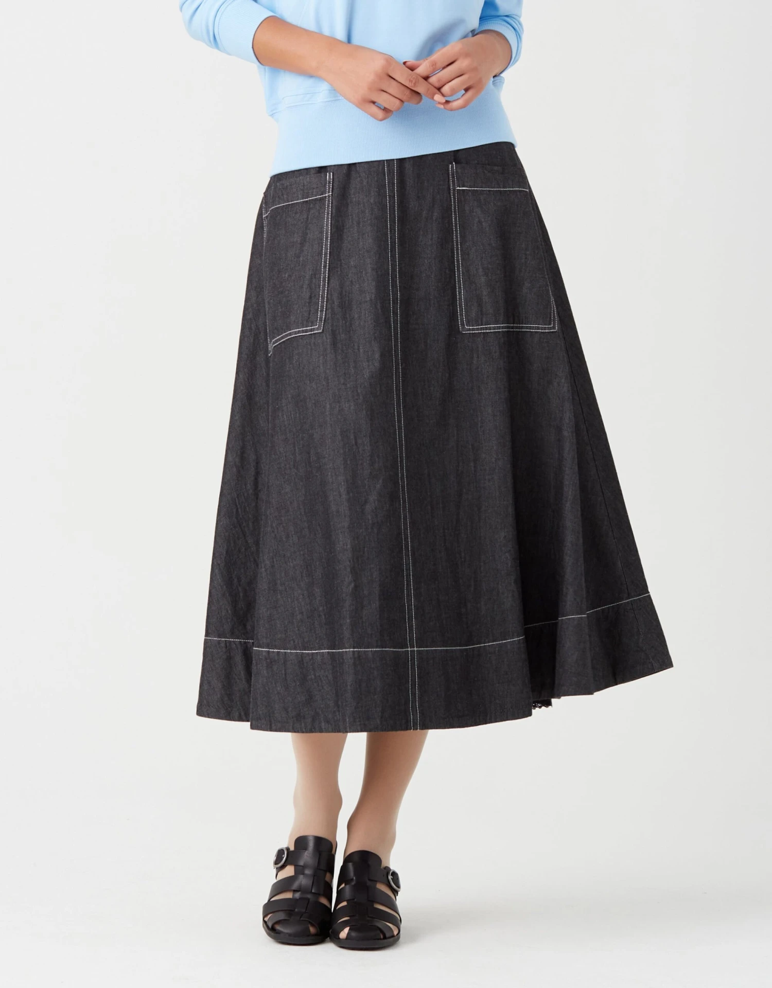 33" Lined Aline Contrast Stitched Patch Pocket Skirt Black Denim 1 33" Lined Aline Contrast Stitched Patch Pocket Skirt Black Denim