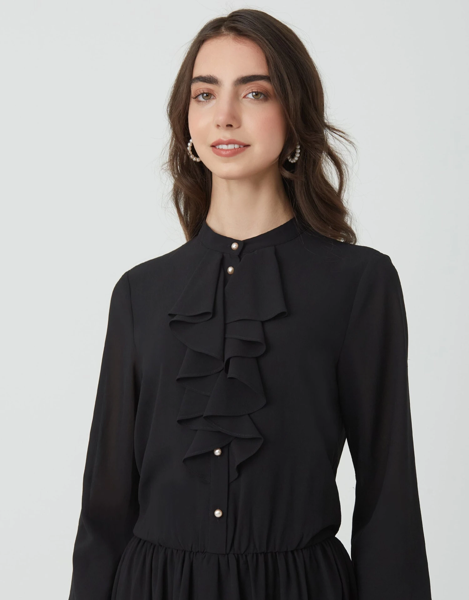 Lined Organza Maxi Dress Shabbos Robes With Pearl Buttons And Ruffle Black 2 Lined Organza Maxi Dress Shabbos Robes With Pearl Buttons And Ruffle Black - Image 2