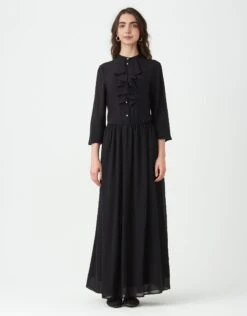 Lined Organza Maxi Dress Shabbos Robes With Pearl Buttons And Ruffle Black