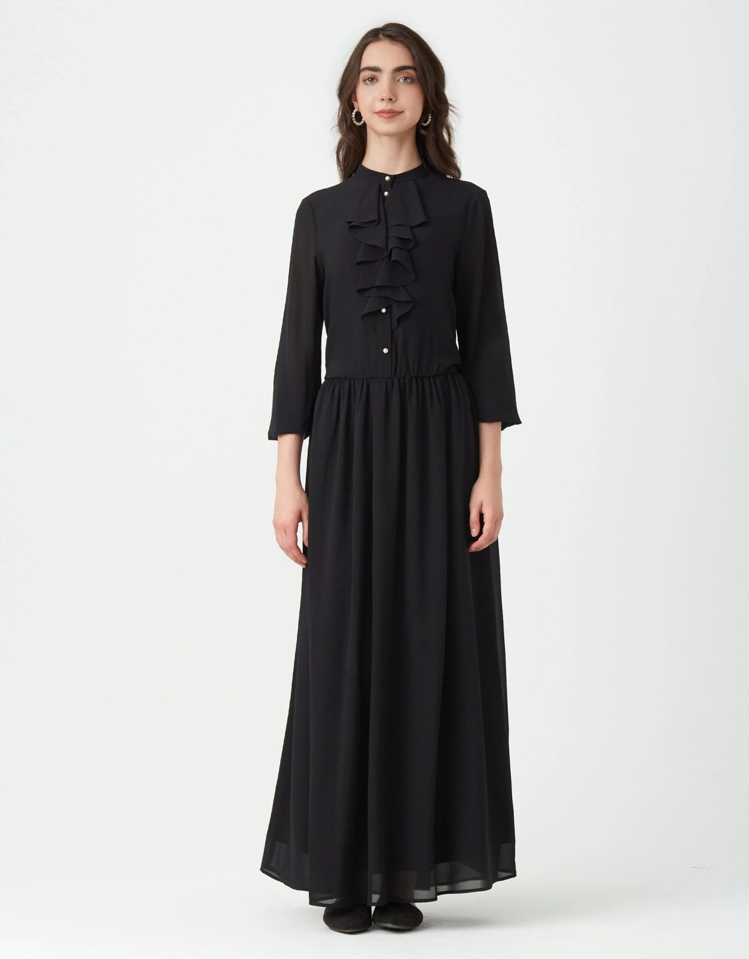 Lined Organza Maxi Dress Shabbos Robes With Pearl Buttons And Ruffle Black 1 Lined Organza Maxi Dress Shabbos Robes With Pearl Buttons And Ruffle Black