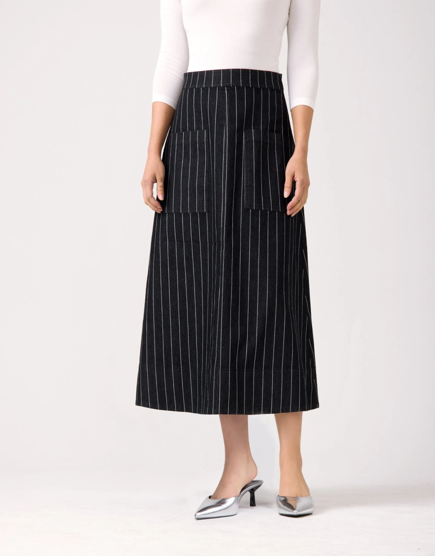 33" Pinstriped Denim Patch Pocket Aline Skirt Black 1 33" Pinstriped Denim Patch Pocket Aline Skirt Black