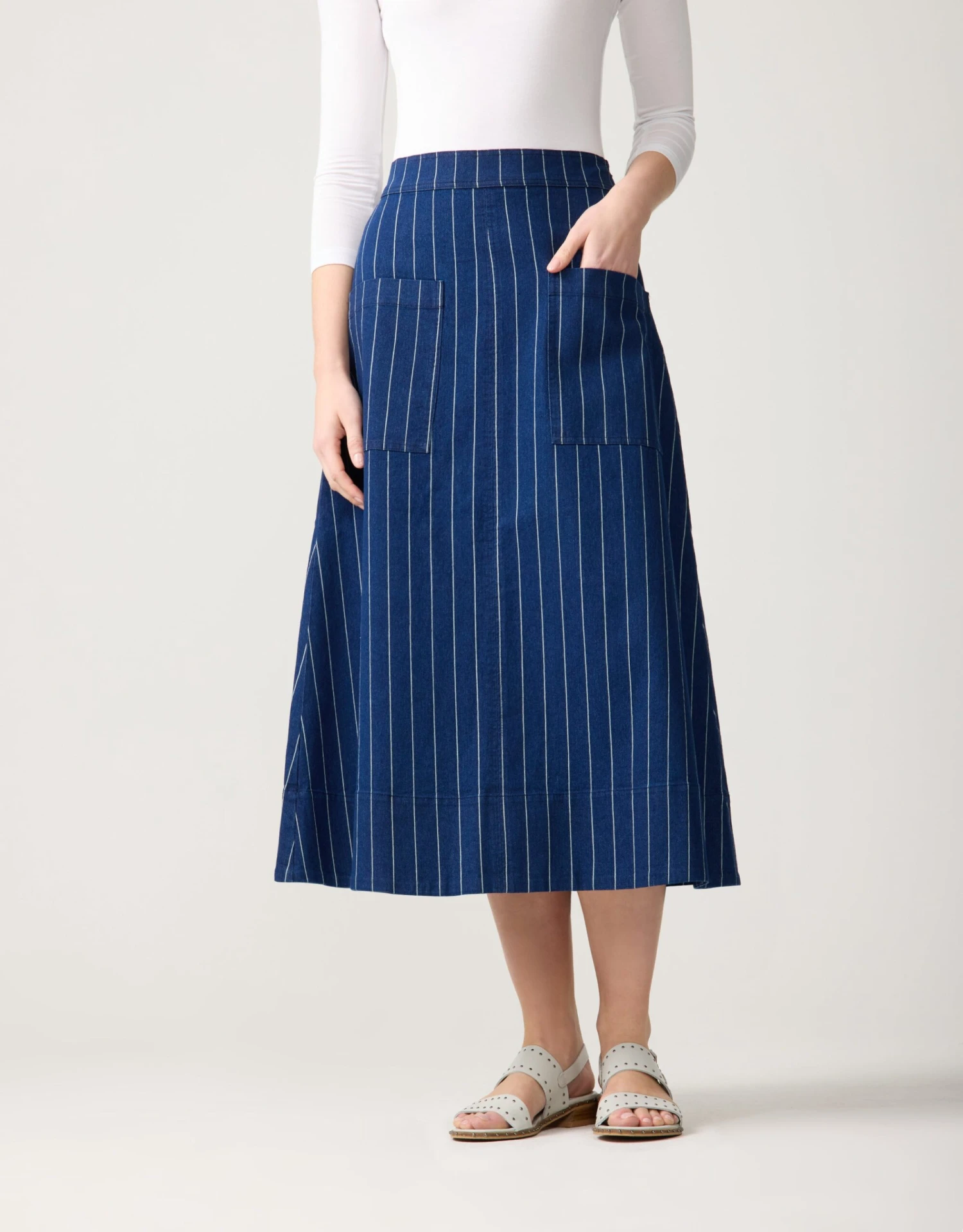 33" Pinstriped Denim Patch Pocket Aline Skirt Blue 1 33" Pinstriped Denim Patch Pocket Aline Skirt Blue