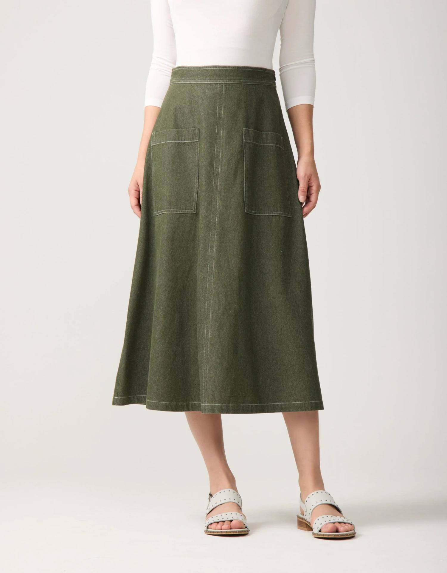 33" Denim Stitched Patch Pocket Aline Skirt Green 1 33" Denim Stitched Patch Pocket Aline Skirt Green