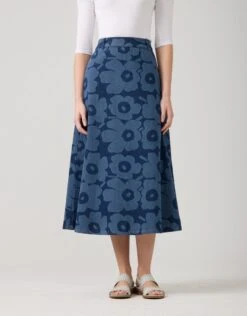 33" Print Denim Aline Skirt Blooms Blue