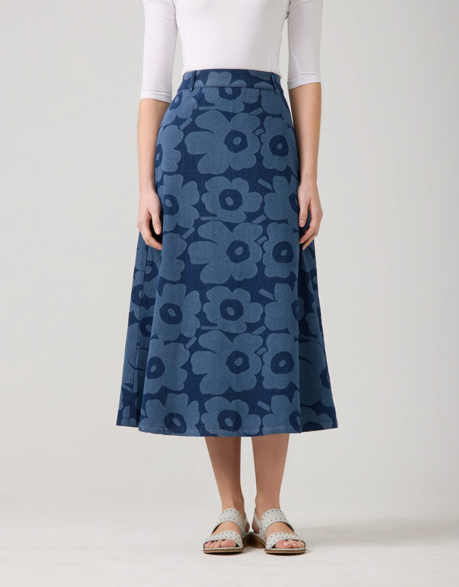 33" Print Denim Aline Skirt Blooms Blue 1 33" Print Denim Aline Skirt Blooms Blue