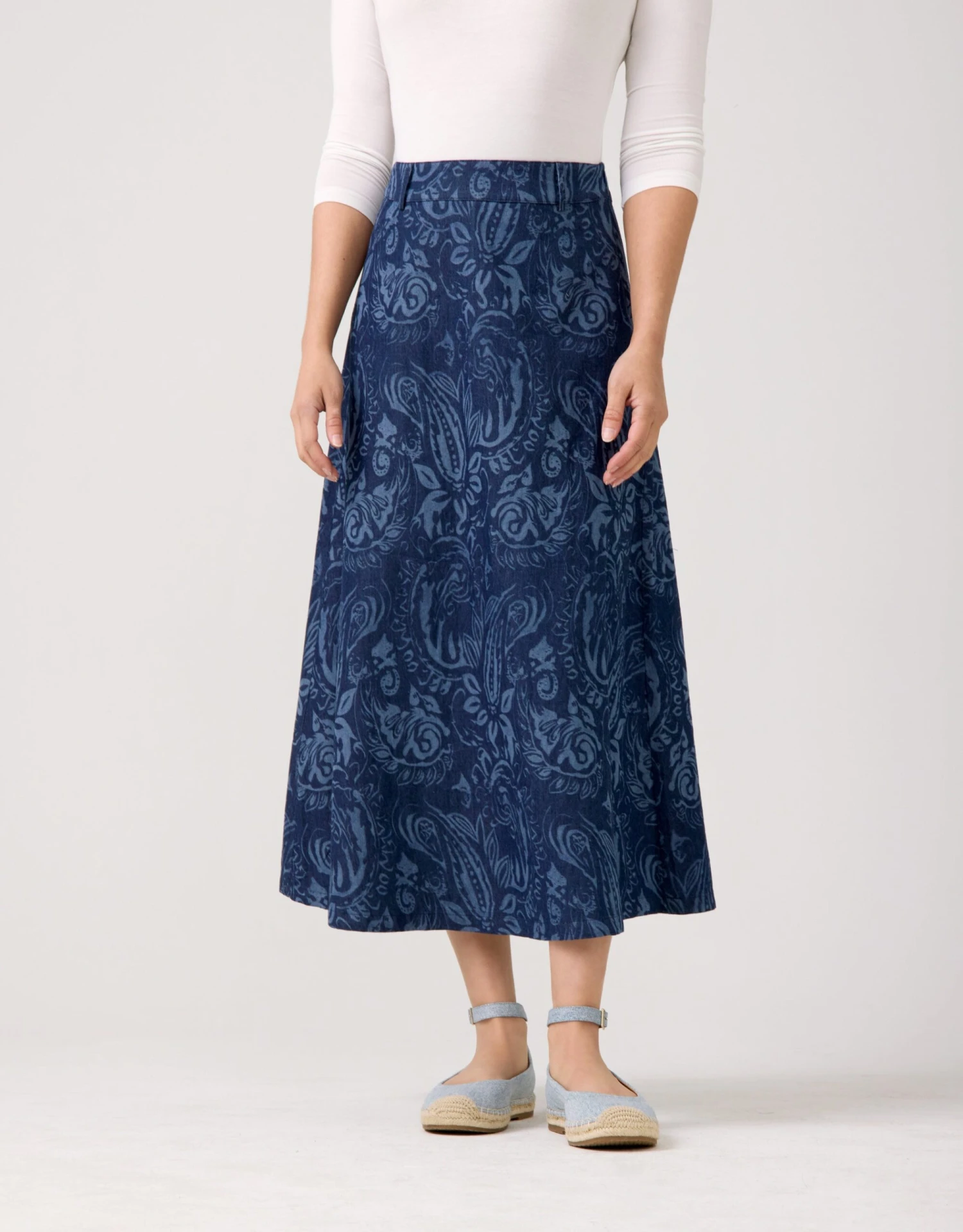 33" Print Denim Aline Skirt Paisley Blue 1 33" Print Denim Aline Skirt Paisley Blue