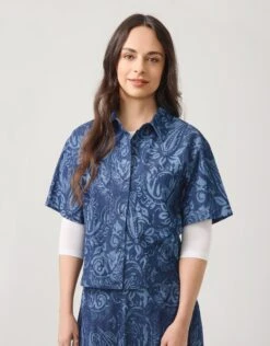 AVID Cropped Denim Button Jacket Paisley Blue