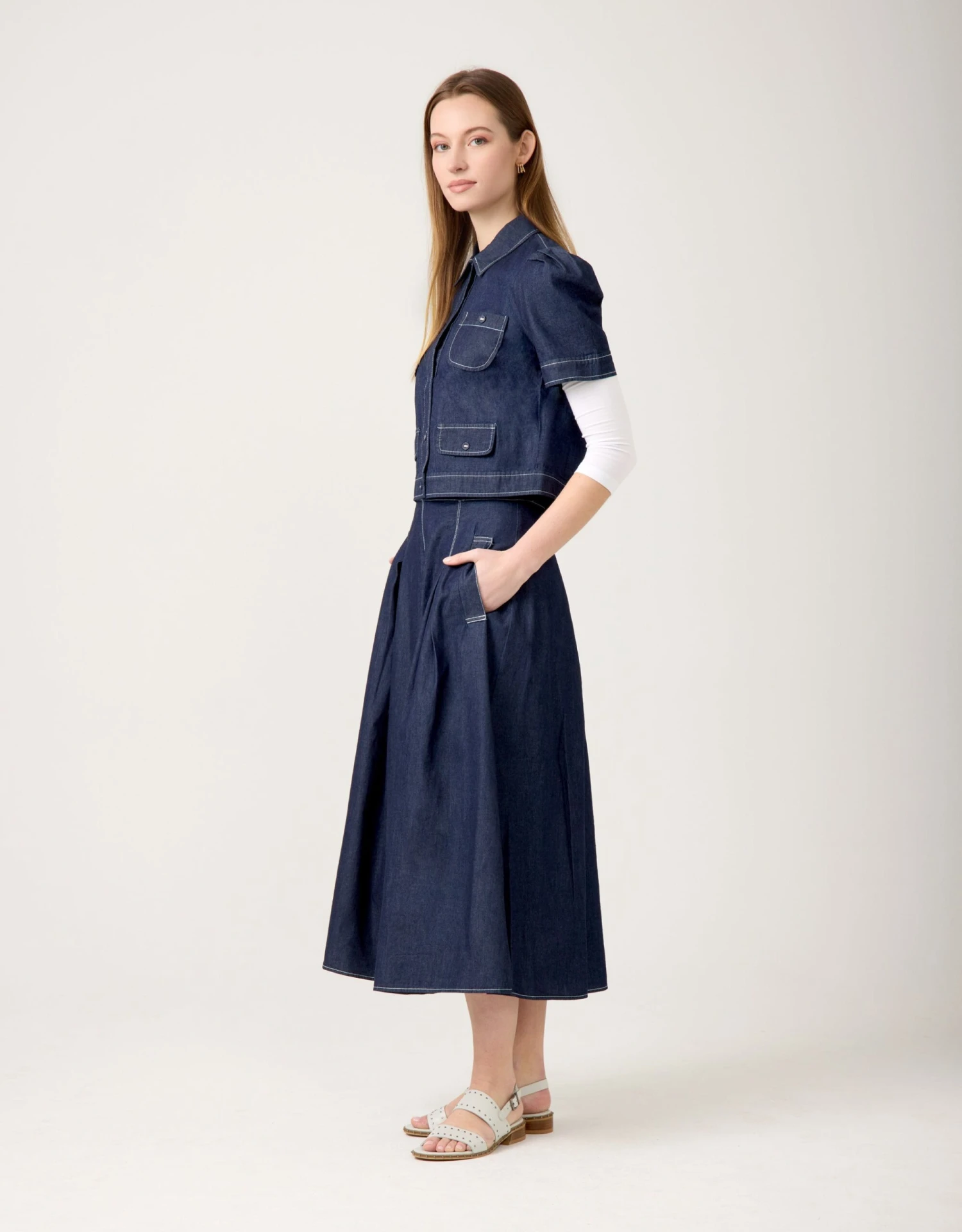 AVID Puff Sleeve Button Bomber Jacket Denim Blue 2 AVID Puff Sleeve Button Bomber Jacket Denim Blue - Image 2