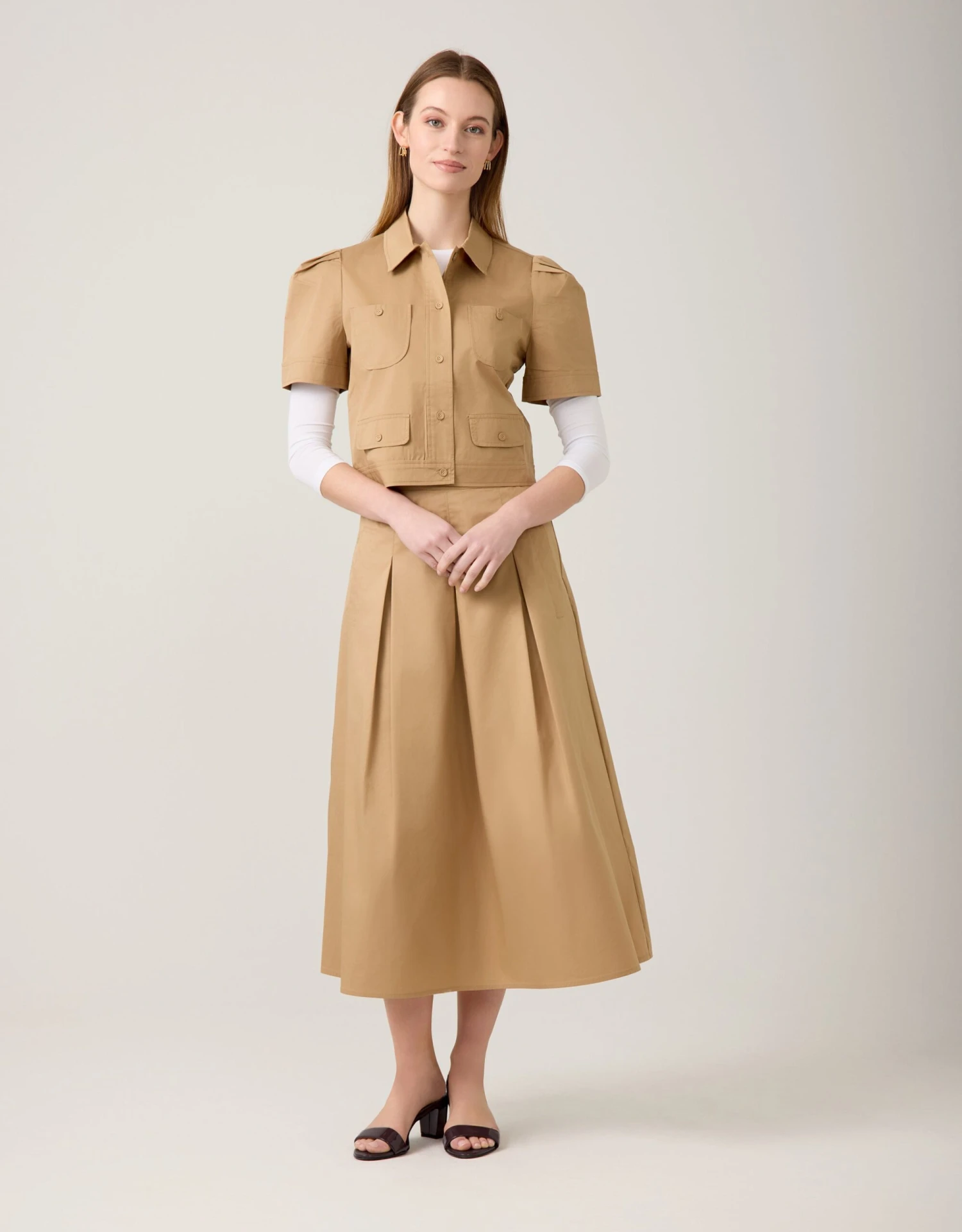 33" Poplin Stitched Pleat Skirt Camel 2 33" Poplin Stitched Pleat Skirt Camel - Image 2