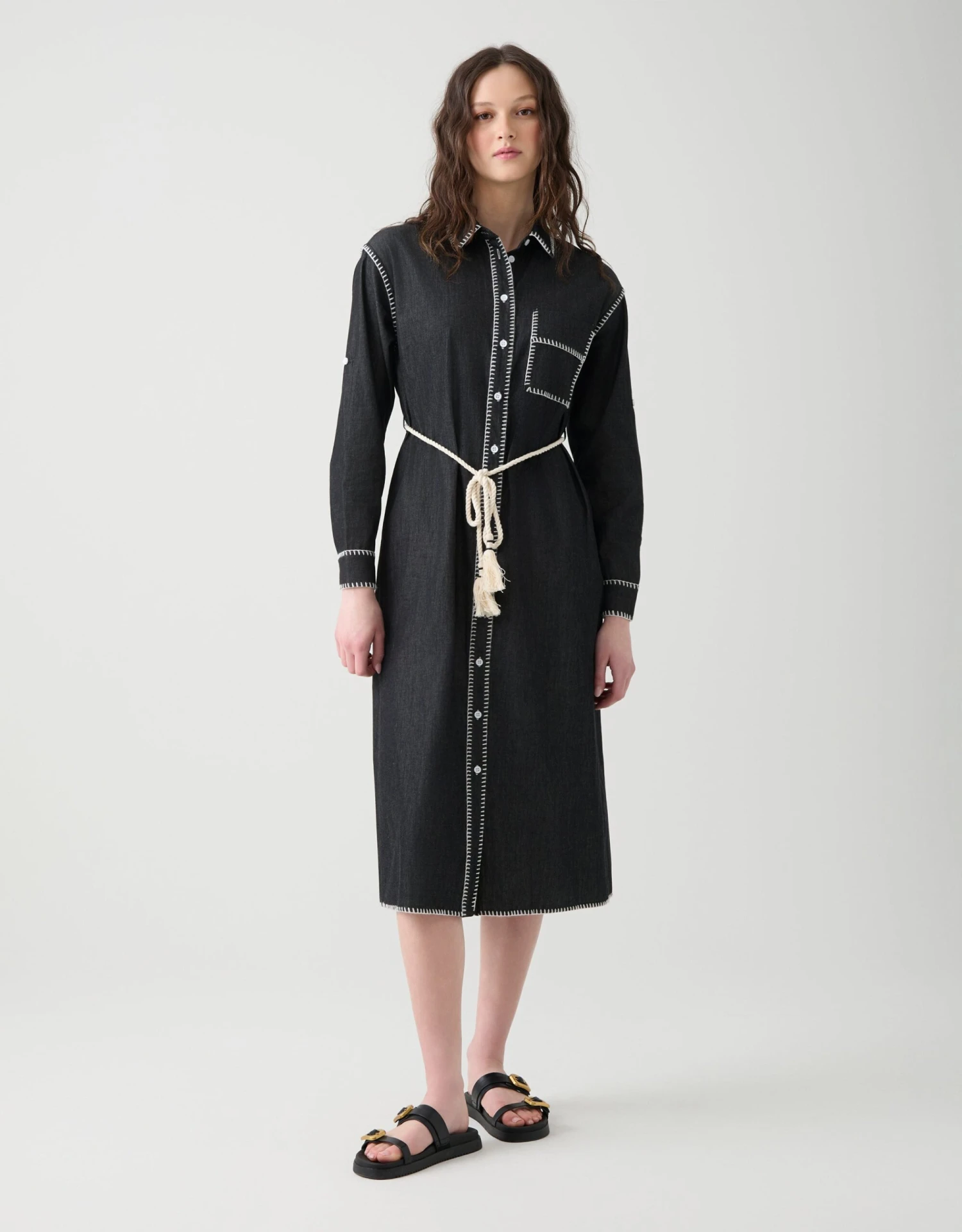 Denim Blanket Stitched Button Down Dress With Self Belt Black 3 Denim Blanket Stitched Button Down Dress With Self Belt Black - Image 3