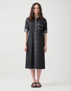 Denim Blanket Stitched Button Down Dress With Self Belt Black 4 Denim Blanket Stitched Button Down Dress With Self Belt Black -Fashionable Home Wear D8386 DenimBlanketStitched.Black3