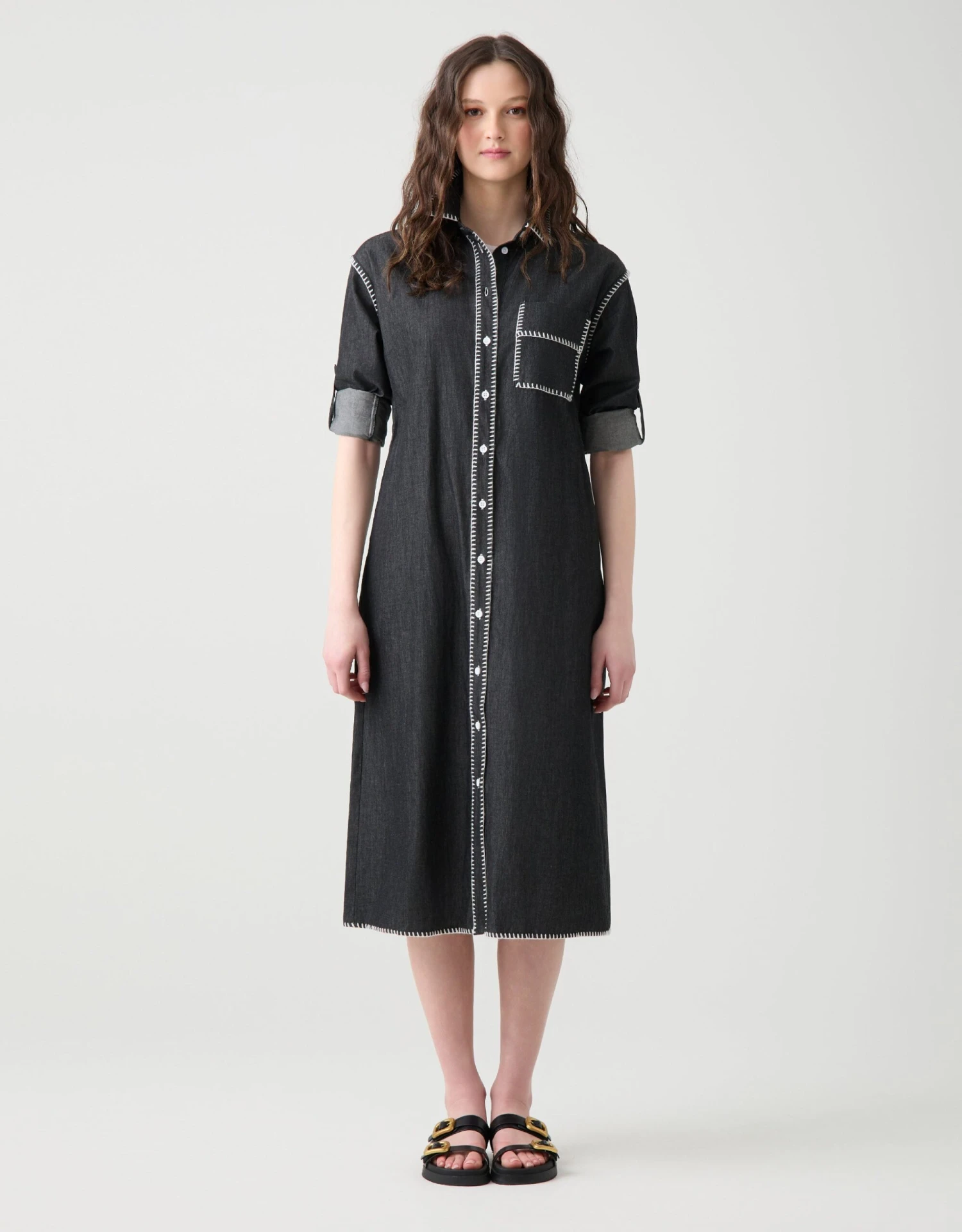 Denim Blanket Stitched Button Down Dress With Self Belt Black 2 Denim Blanket Stitched Button Down Dress With Self Belt Black - Image 2