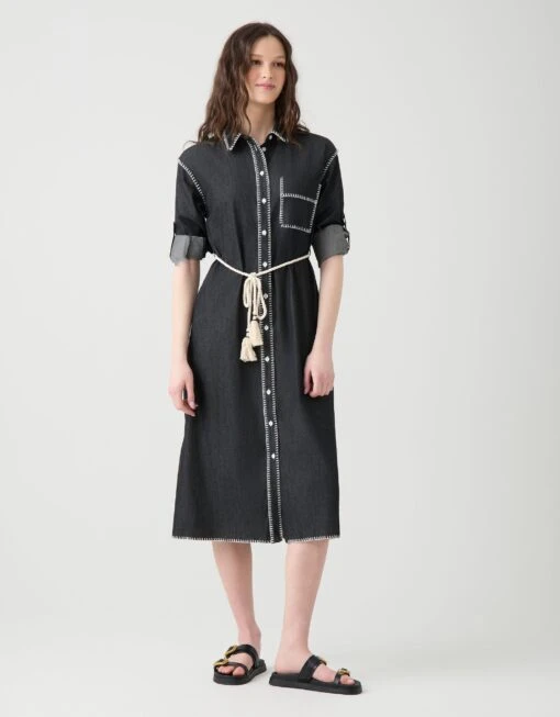 Denim Blanket Stitched Button Down Dress With Self Belt Black 5 Denim Blanket Stitched Button Down Dress With Self Belt Black -Fashionable Home Wear D8386 DenimBlanketStitched.Black