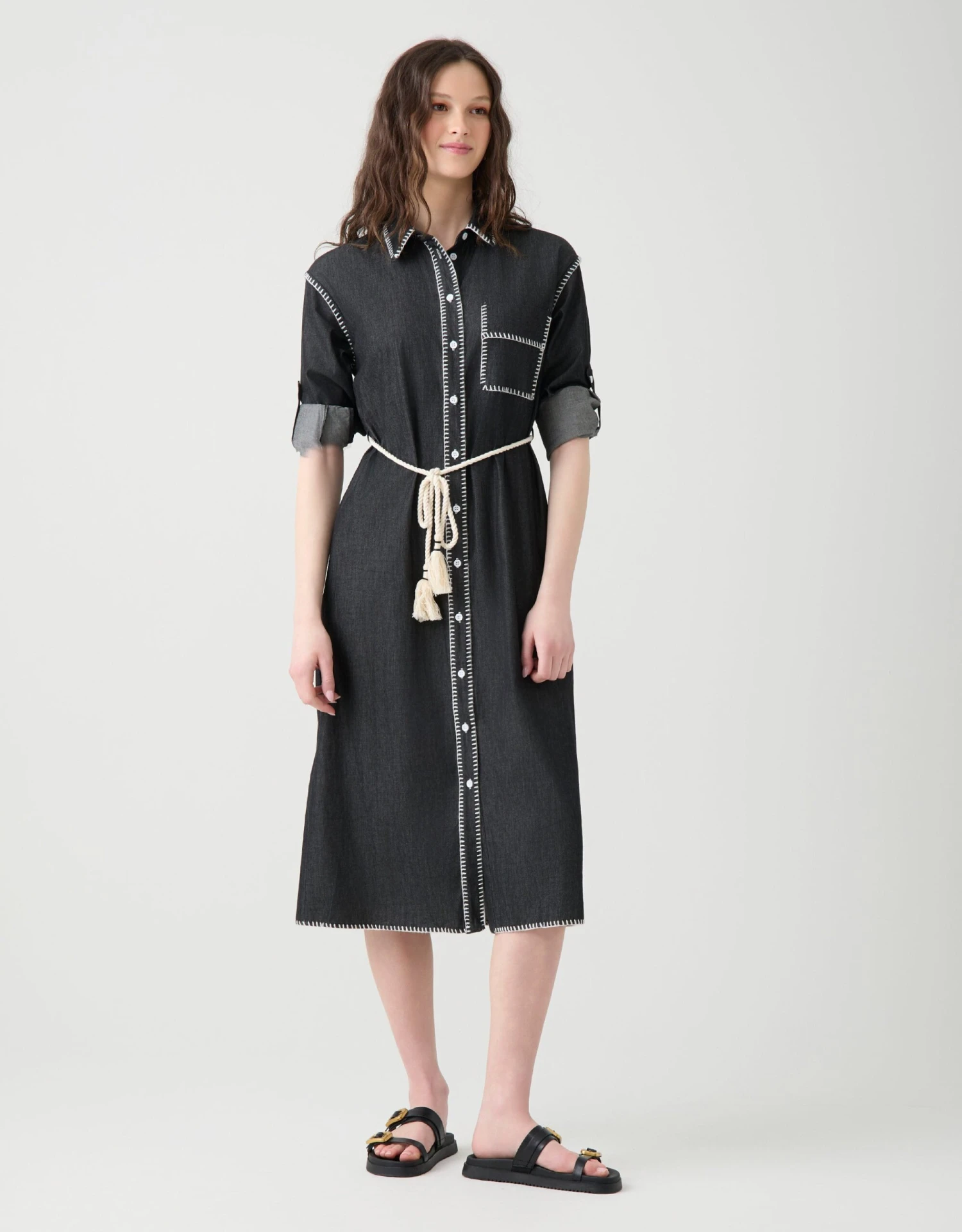 Denim Blanket Stitched Button Down Dress With Self Belt Black 1 Denim Blanket Stitched Button Down Dress With Self Belt Black