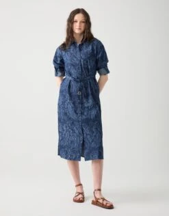 Denim Button Down Dress With Self Belt Blue Paisley
