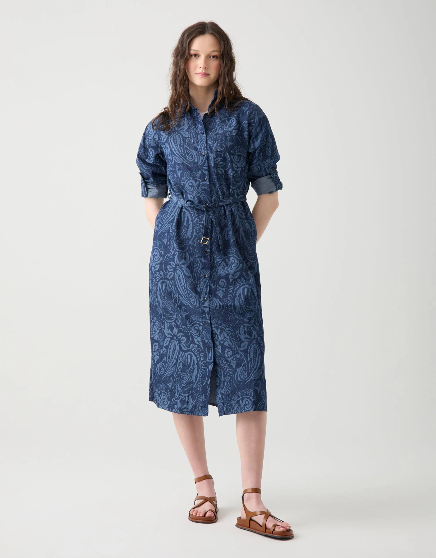 Denim Button Down Dress With Self Belt Blue Paisley 1 Denim Button Down Dress With Self Belt Blue Paisley