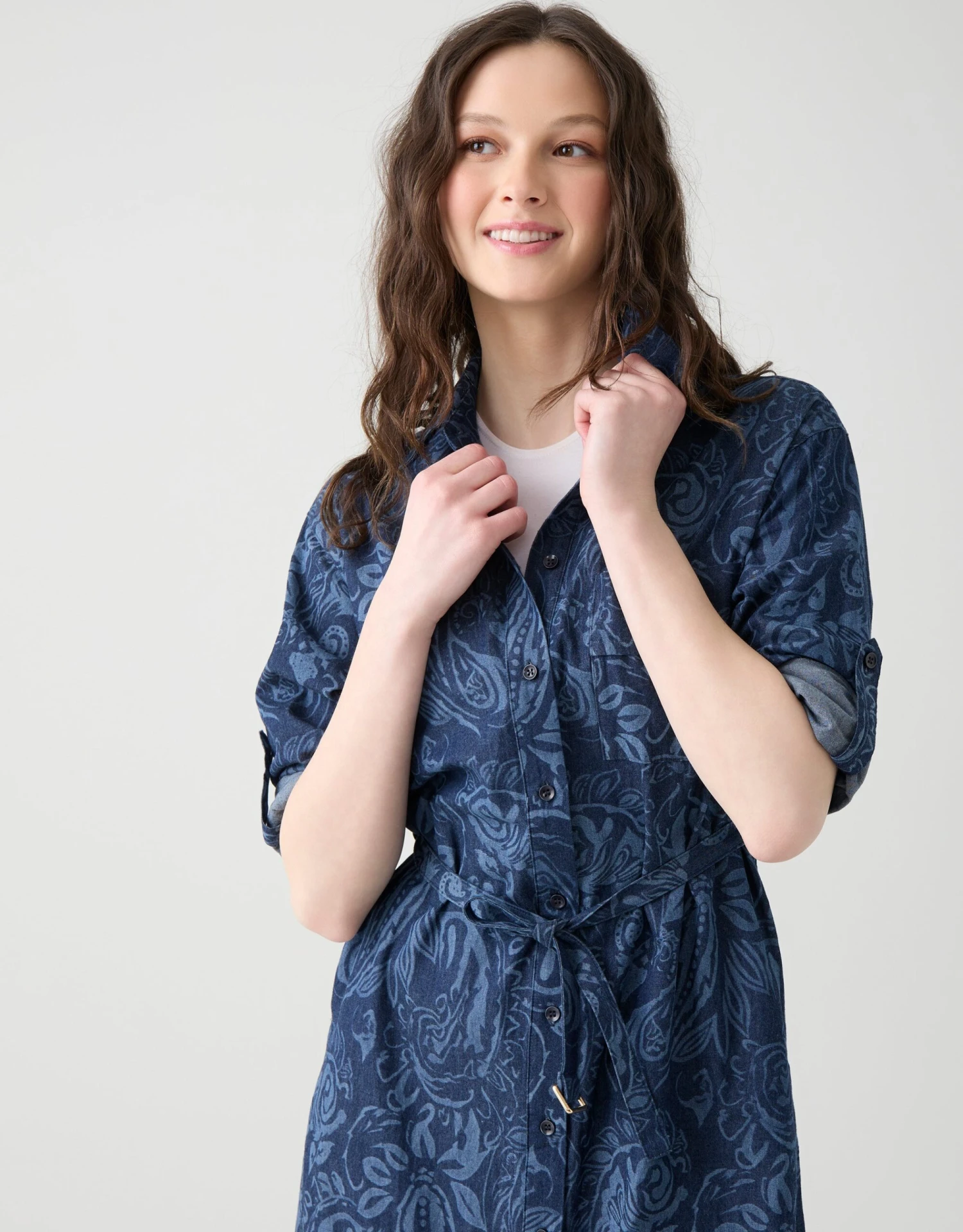 Denim Button Down Dress With Self Belt Blue Paisley 2 Denim Button Down Dress With Self Belt Blue Paisley - Image 2