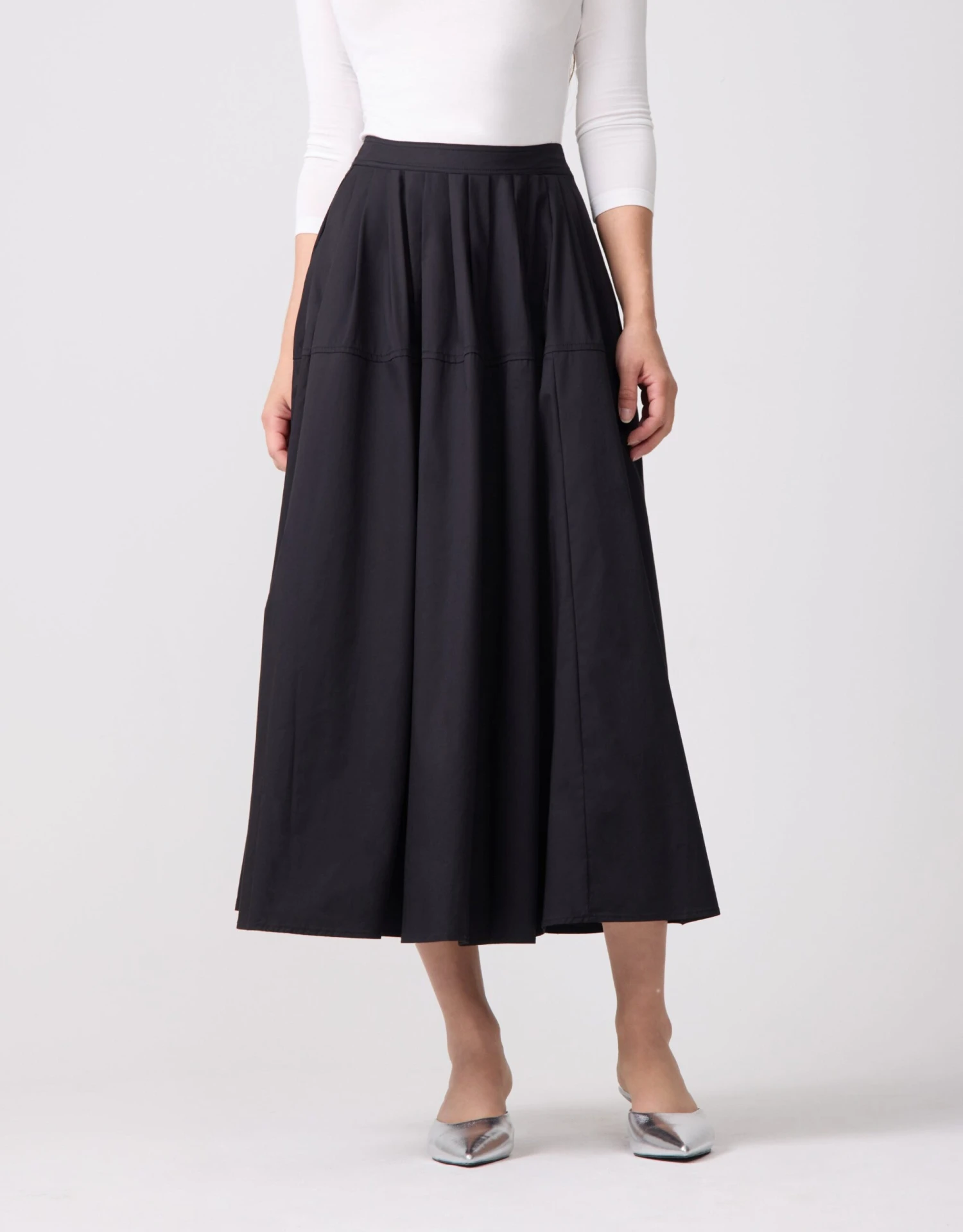 33" Poplin Stitched Seam Tuck Pleat Skirt Black 1 33" Poplin Stitched Seam Tuck Pleat Skirt Black