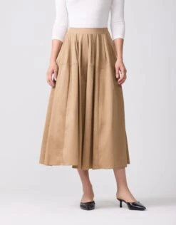33" Poplin Stitched Seam Tuck Pleat Skirt Camel