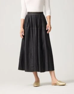 33" Denim Contrast Stitched Seam Tuck Pleat Skirt Black