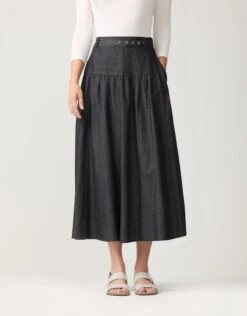 33" Denim Drop Waist Skirt With Self Belt And Inseam Pockets Black
