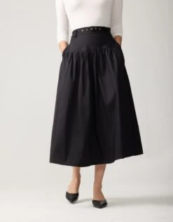 33" Poplin Drop Waist Skirt With Self Belt And Inseam Pockets Black