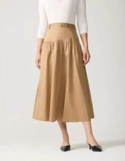 33" Poplin Drop Waist Skirt With Self Belt And Inseam Pockets Camel