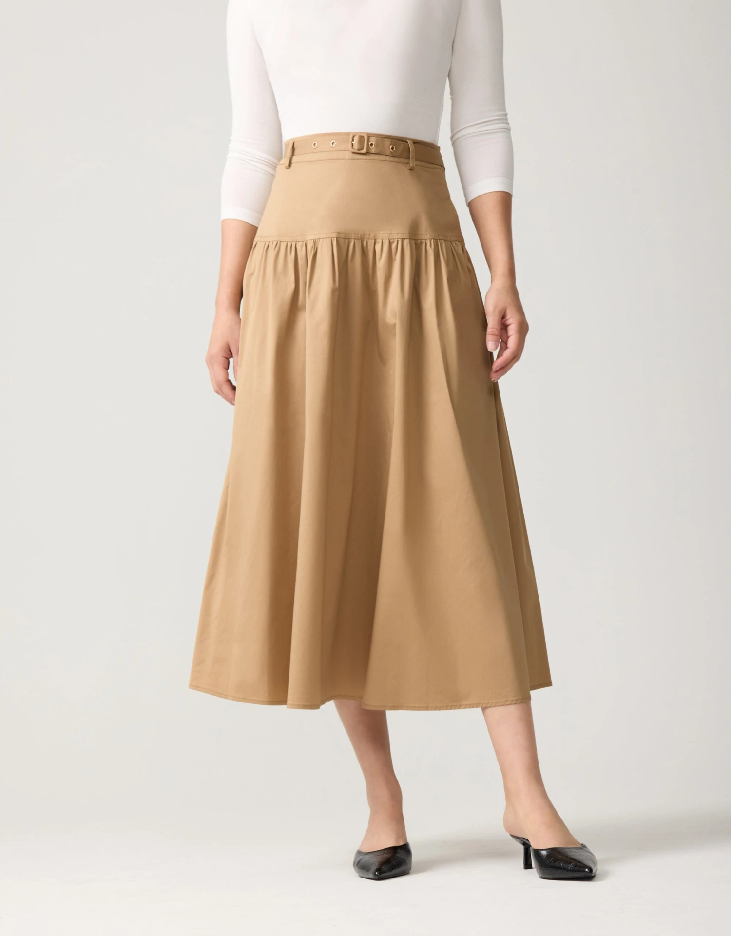 33" Poplin Drop Waist Skirt With Self Belt And Inseam Pockets Camel 1 33" Poplin Drop Waist Skirt With Self Belt And Inseam Pockets Camel