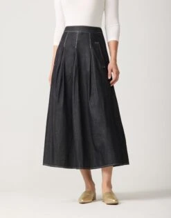 33" Denim Contrast Stitched Box Pleat Skirt With Pocket Welts Black