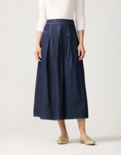 33" Denim Contrast Stitched Box Pleat Skirt With Pocket Welts Blue