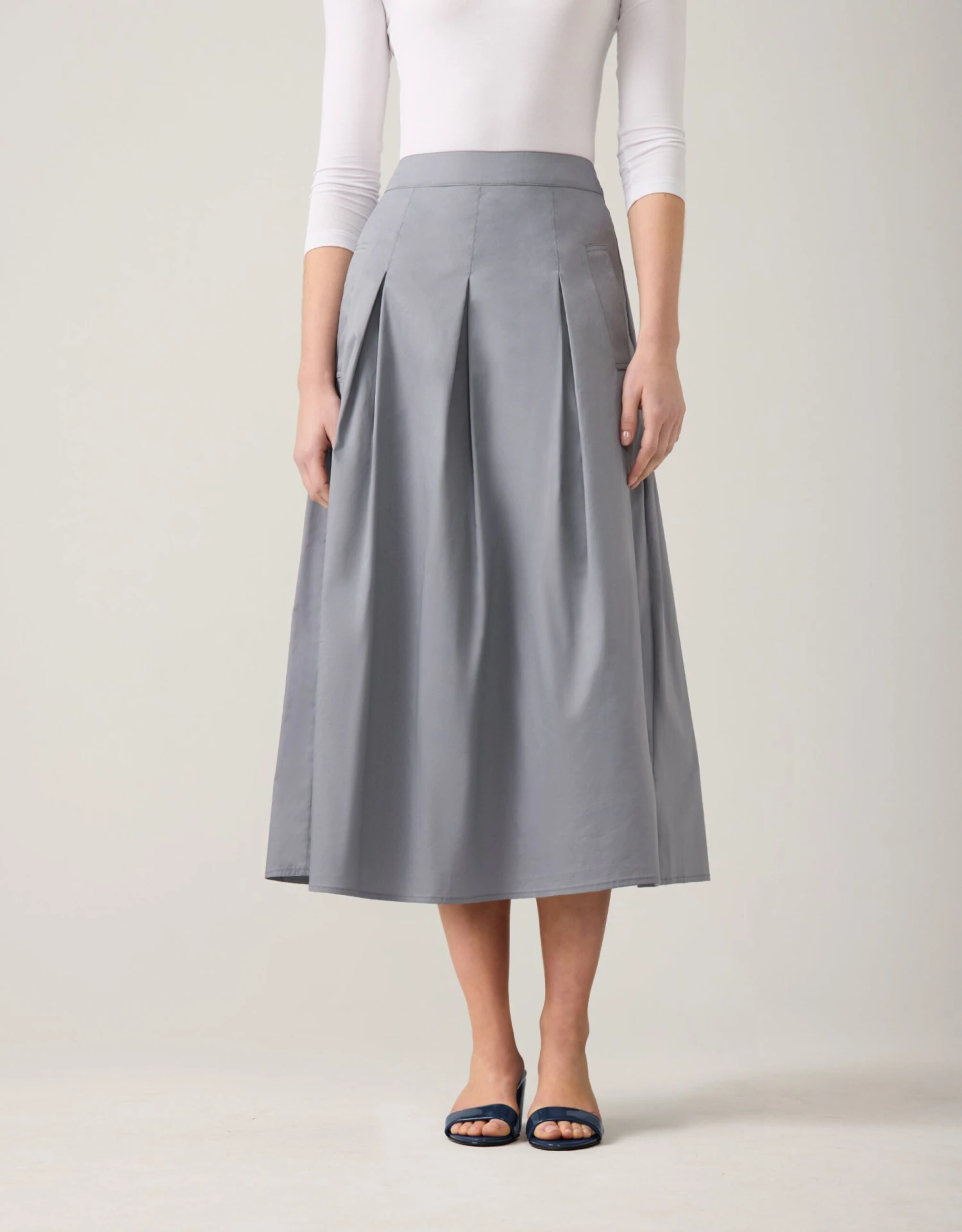 33" Poplin Box Pleat Skirt With Pocket Welts Gray 1 33" Poplin Box Pleat Skirt With Pocket Welts Gray