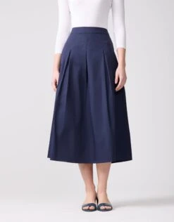 33" Poplin Box Pleat Skirt With Pocket Welts Dark Navy