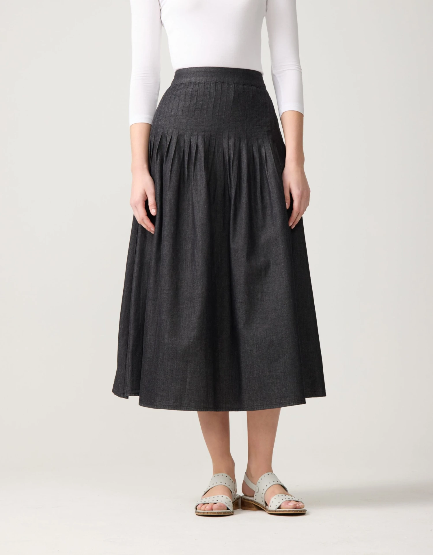 33" Denim Pintucked Skirt Black 1 33" Denim Pintucked Skirt Black