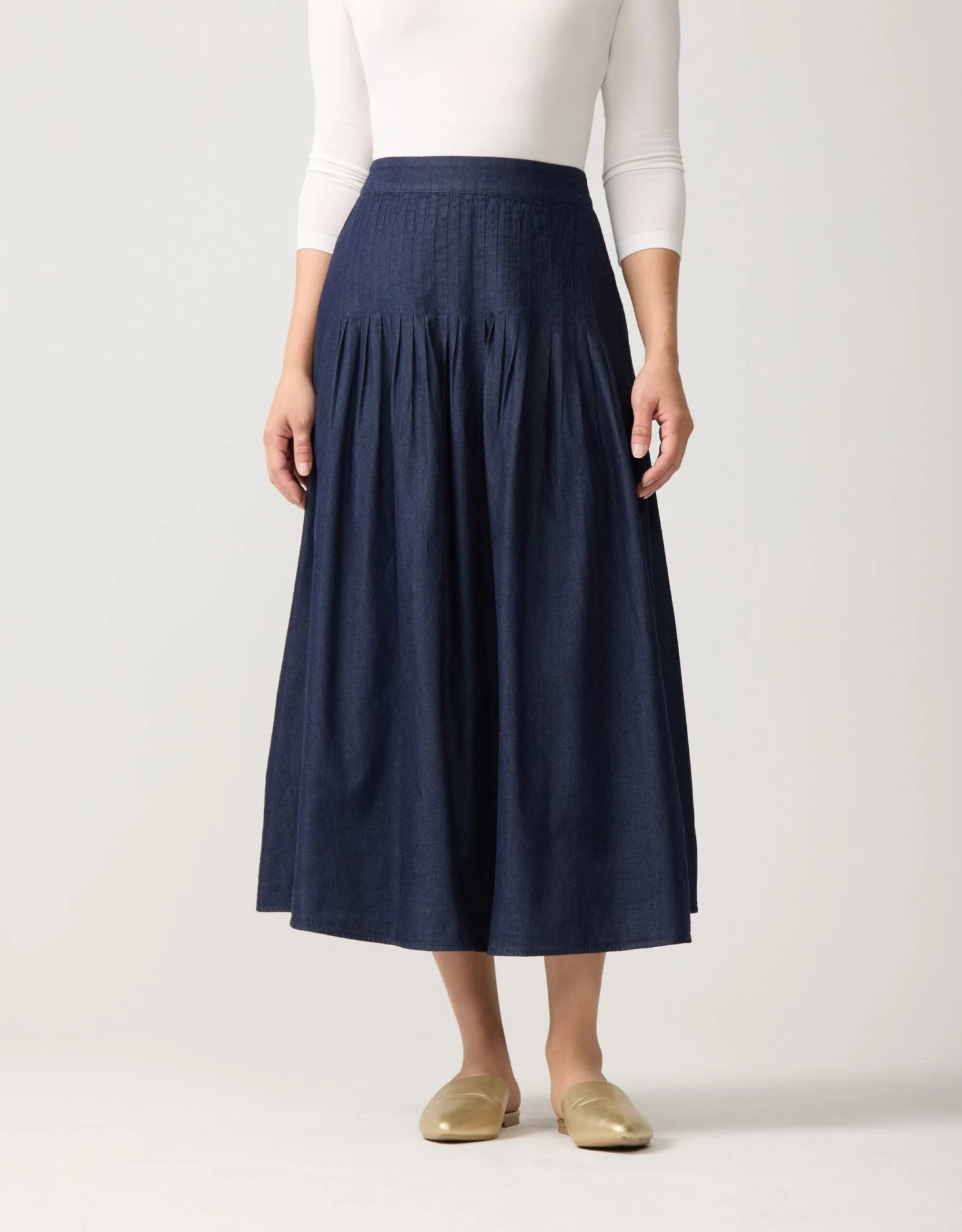 33" Denim Pintucked Skirt Navy 1 33" Denim Pintucked Skirt Navy