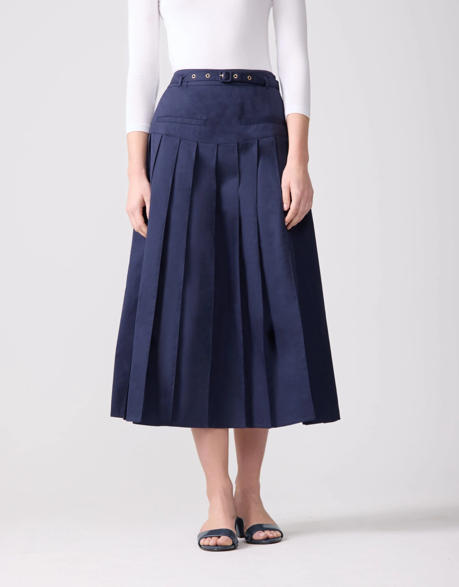 33" Poplin Drop Waist Pleat Skirt With Self Belt And Pocket Welts Dark Navy 1 33" Poplin Drop Waist Pleat Skirt With Self Belt And Pocket Welts Dark Navy