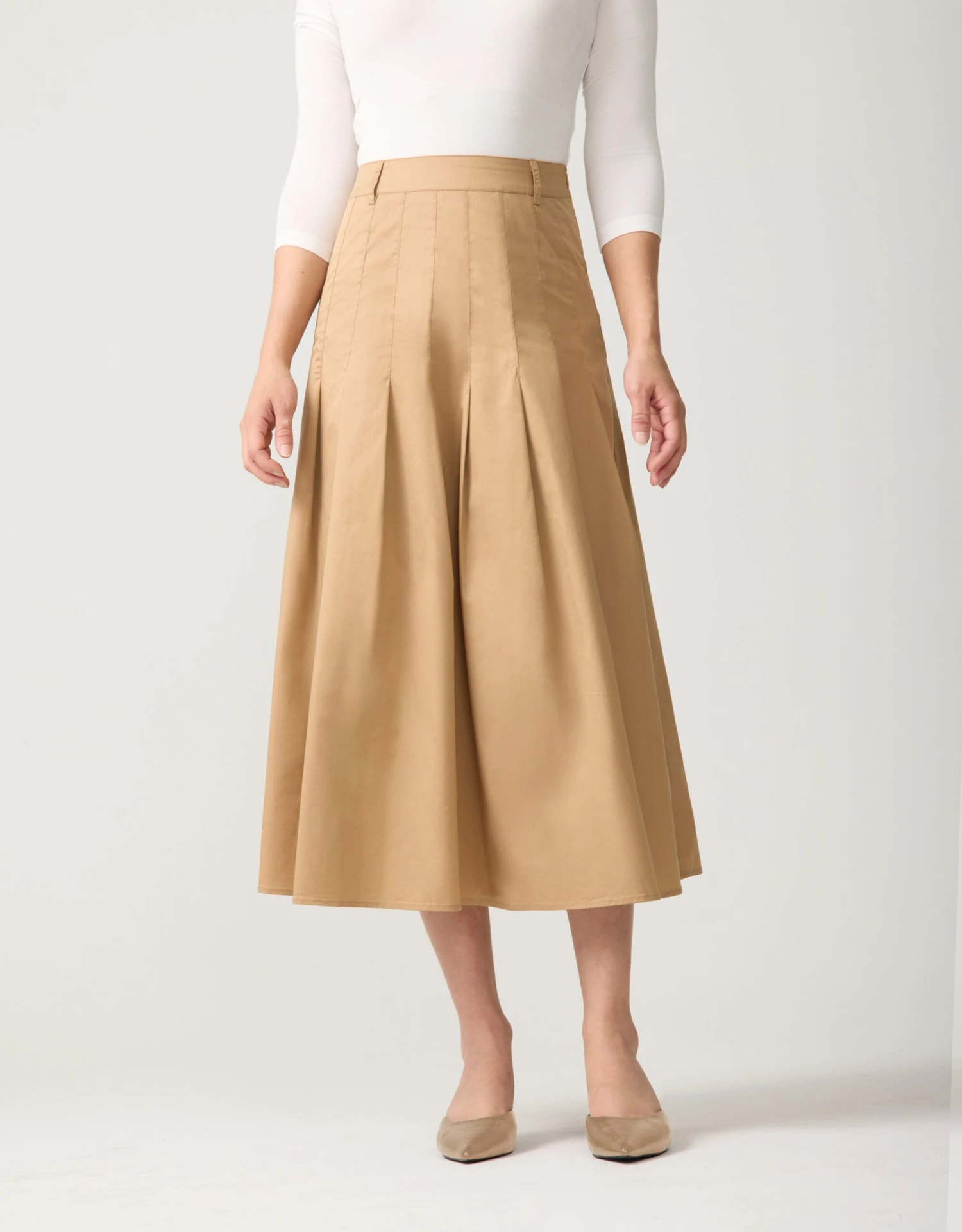33" Poplin Stitched Pleat Skirt Camel 1 33" Poplin Stitched Pleat Skirt Camel