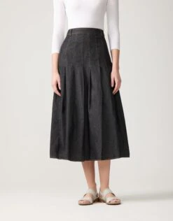 33" Denim Pleat Skirt With Contrast Stitching Black