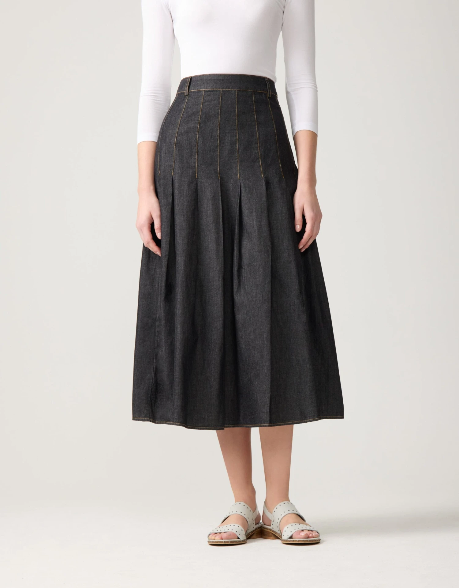 33" Denim Pleat Skirt With Contrast Stitching Black 1 33" Denim Pleat Skirt With Contrast Stitching Black